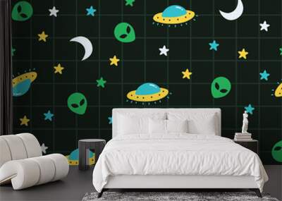 Alien, ufo, moon, star outer space pattern. A playful, modern, and flexible pattern for brand who has cute and fun style. Repeated pattern. Happy, bright, and magical mood. Wall mural