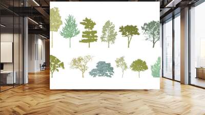 Minimal style cad tree line drawing, Side view, set of graphics trees elements outline symbol for architecture and landscape design drawing. Vector illustration in stroke fill in white. Tropical, stre Wall mural