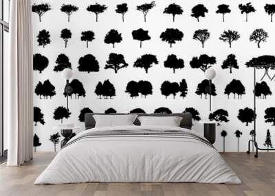 silhouette tree line drawing set, Side view, set of graphics trees elements outline symbol for architecture and landscape design drawing. Vector illustration in stroke fill in white. Tropical Wall mural