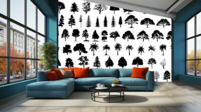 silhouette tree line drawing set, Side view, set of graphics trees elements outline symbol for architecture and landscape design drawing. Vector illustration in stroke fill in white. Tropical Wall mural