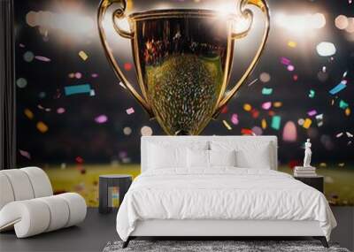 Golden Trophy with Confetti Rain on a Green Field Wall mural