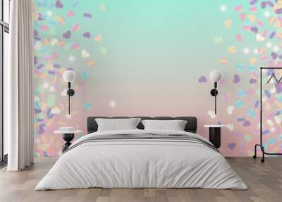 Realistic Background with Confetti of Hearts Glitter Particles. St. Valentine Day. Celebration pattern. Light Spots. Explosion of Confetti. Glitter Vector Illustration. Design for Banner. Wall mural