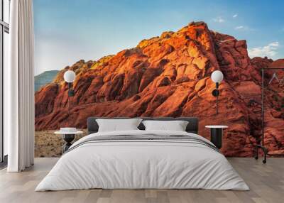 Golden sun light on rock formation at Red Rock Canyon National Conservation Area in Nevada, USA Wall mural