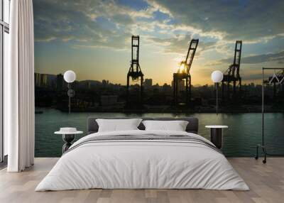 Sunset hour in Santos harbor, Brazil Wall mural