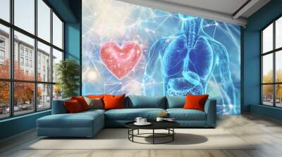 A 3D illustration of a human body with a glowing heart. Wall mural