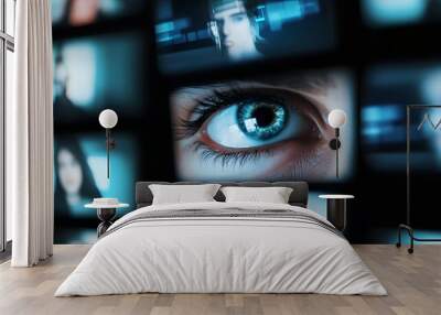 A close-up of a blue eye, peering out from a screen of smaller images. Wall mural