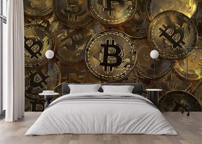 A close-up of a pile of gold Bitcoin coins. Wall mural