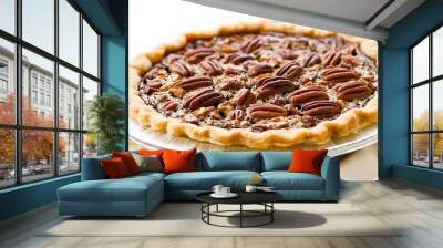 A delicious pecan pie with a flaky crust, perfect for a holiday dessert. Wall mural