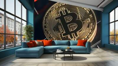 A gold Bitcoin coin sits on a screen displaying a stock chart. Wall mural