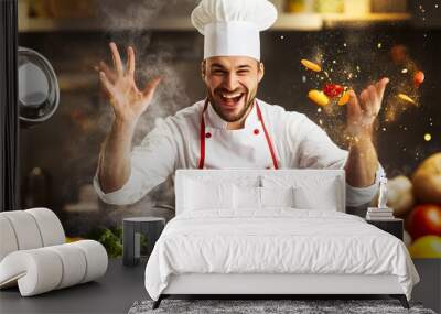 A happy chef throws vegetables in the air while cooking in the kitchen. Wall mural