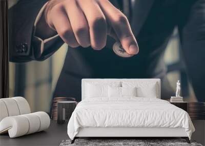 A man's hand places a coin on top of a stack of coins. Wall mural