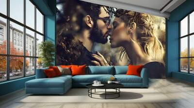 A man and woman embrace in a romantic moment, framed by nature's embrace. Wall mural