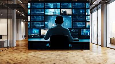 A man sits in front of a wall of monitors, working in a security control room. Wall mural