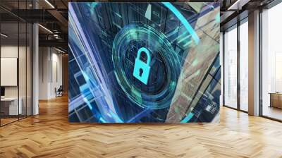 A padlock icon in a circle with blue and white digital elements. Wall mural