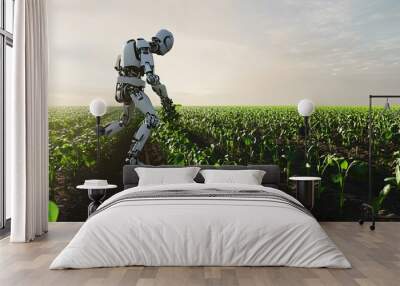 A robot works in a field of crops, tending to the plants. Wall mural