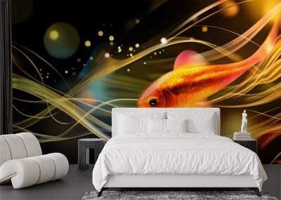 A single goldfish swims through shimmering, golden lights. Wall mural