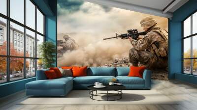 A soldier in camouflage crouches behind cover, aiming his rifle with a determined look. Wall mural