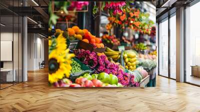 A vibrant street market with vendors selling colorful fruits and flowers Wall mural