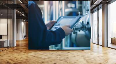 A worker inspects equipment with a tablet. Wall mural