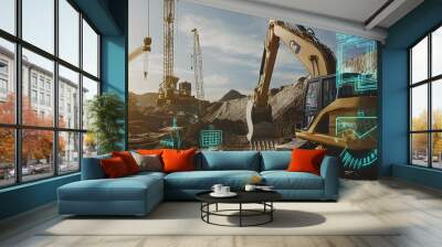 A yellow excavator sits on a construction site with a blue digital interface. Wall mural