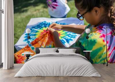 A young girl ties a vibrant, rainbow-colored shirt during a tie-dye activity outside on a sunny day, embracing creativity and fun. Wall mural