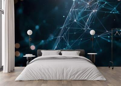 Abstract network of glowing lines and dots on a dark background. Wall mural