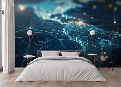 Abstract world map, concept of global network and connectivity, international data transfer and cyber technology, worldwide business, information exchange and telecommunication Wall mural