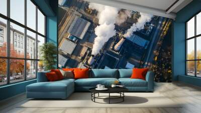 Aerial view of a factory with two smokestacks releasing white smoke. Wall mural