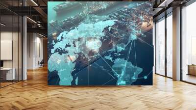 Aerial view of a global shipping network with a world map overlaid. Wall mural