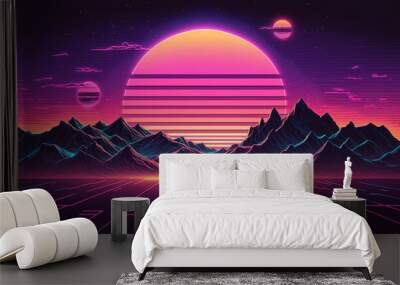 Beach retro wave or synthwave background, retro summer sunset wallpaper. generative ai Wall mural