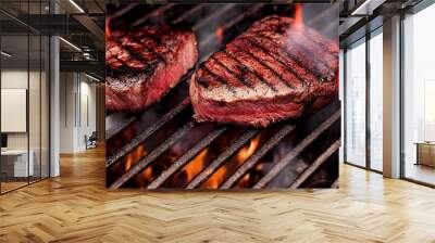 beef steaks on a grill with fire around it, barbecue party concept with delicious red meat, generati Wall mural