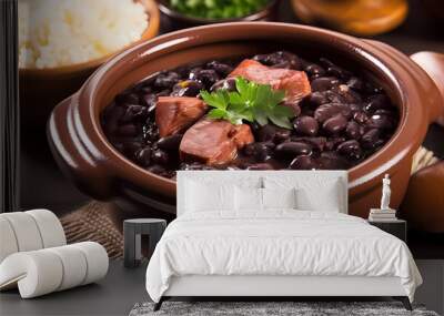 Brazilian traditional feijoada with black beans, pork, rice, cassava and orange. top view over wooden table. generative ai Wall mural