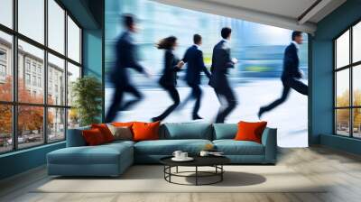 Business people rush through the city in a blur of motion. Wall mural