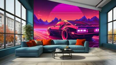 Car retro wave or synthwave background, retro summer sunset wallpaper. generative ai Wall mural