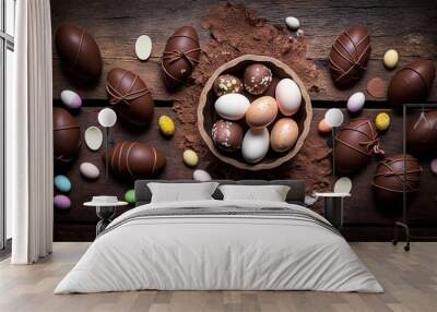 chocolate eggs or easter eggs, top view on wooden table with copy space. generative ai Wall mural