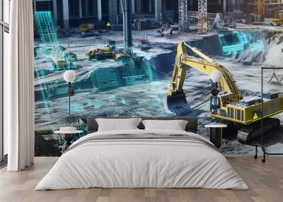 Construction site with a yellow excavator and futuristic blue digital overlay. Wall mural