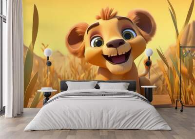 cute lion cub baby illustration, 3d render style, children cartoon animation style. generative ai Wall mural