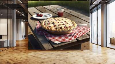 delicious cherry pie on a picnic, concept of enjoying time with family and also pie (pi) day. ai generative Wall mural