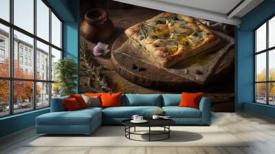 delicious homemade focaccia with natural ingredients such as tomatoes, garlic, flour, olive oil and other seasonings. generative ai Wall mural