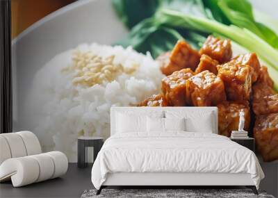 Delicious vegan tofu stir-fry with rice and fresh vegetables. Wall mural