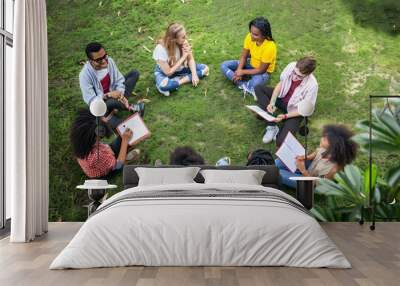 Diverse group of young adults sit in a circle on the grass, engaged in conversation. Wall mural