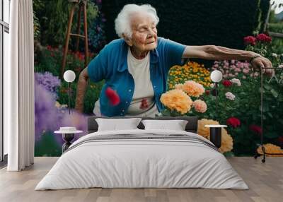 elderly lady taking care of her beautiful flower garden during spring Wall mural