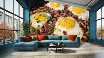 Four perfectly fried eggs with hash browns and corned beef. Wall mural