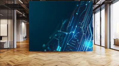 Futuristic digital interface with circuit lines and glowing points showing advancement in AI, neural networks, and data transfer technology. Wall mural