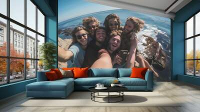 Group of friends taking a selfie on a rocky coastline with the ocean in the background. Wall mural