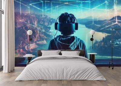 Little boy or teenager using VR headset of virtual reality to enter another world. futuristic gaming concept. generative ai. Wall mural