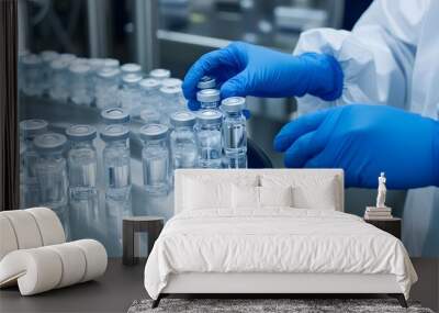 Scientist in lab working with vials, wearing protective gloves and white lab coat. Wall mural