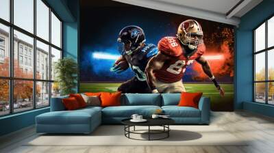 two american football players playing a game, one of them in a blue uniform and the other in a red uniform. AI generative content Wall mural