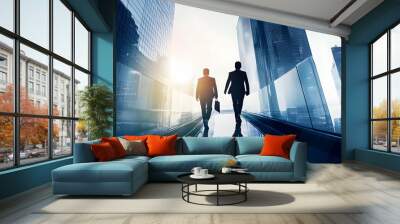 Two businessmen walk towards the sunrise in a city setting. Wall mural