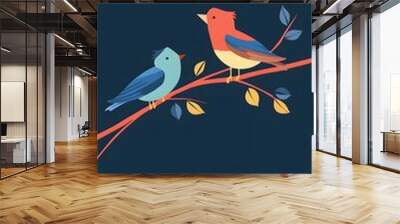 Two cartoon birds perched on a branch against a dark blue background. Wall mural